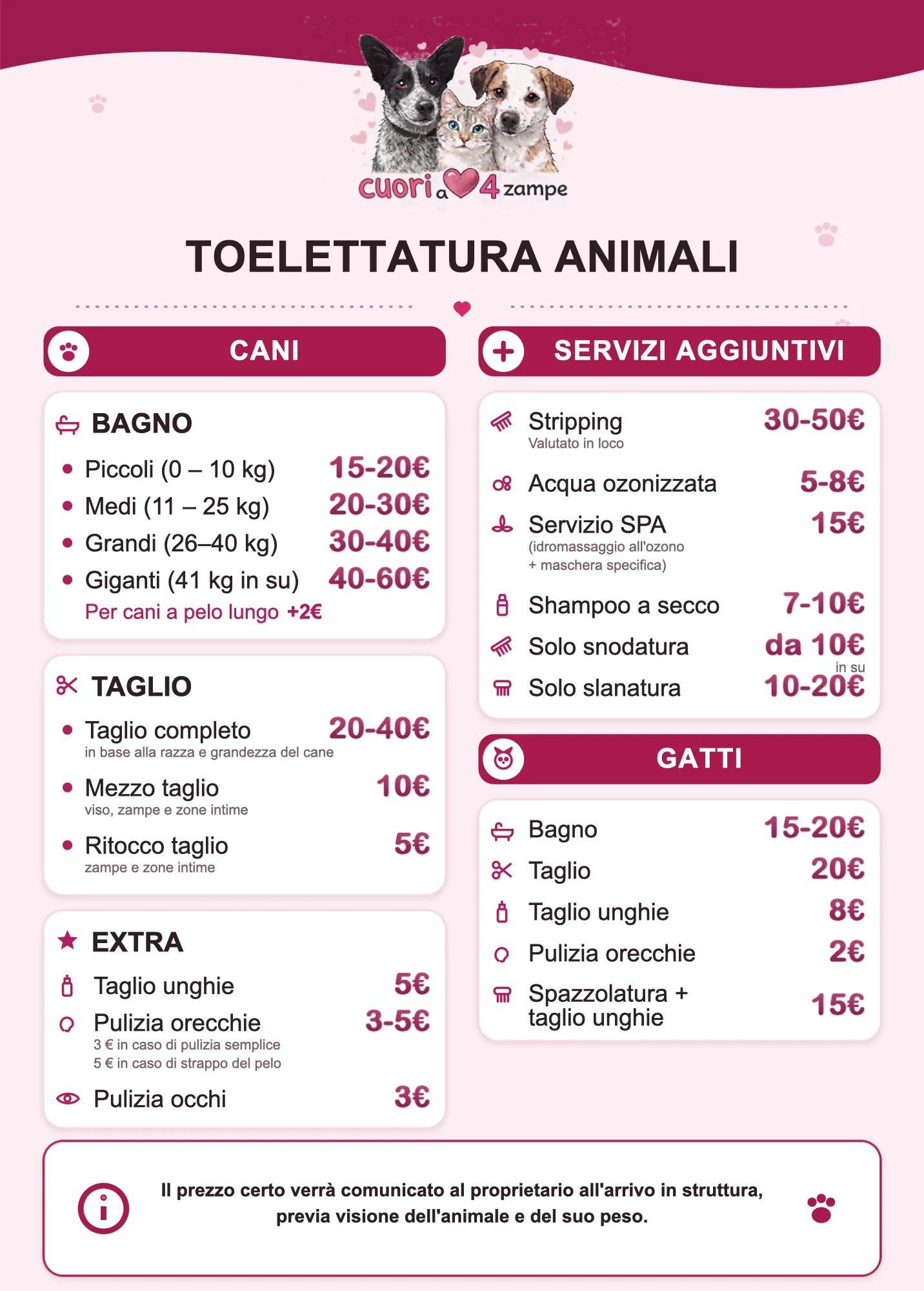 Listino prezzi toelettatura Cuori a 4 Zampe a Brugherio: bagno cani da 15€, taglio da 20€, servizi per gatti e servizi aggiuntivi come stripping, acqua ozonizzata e SPA